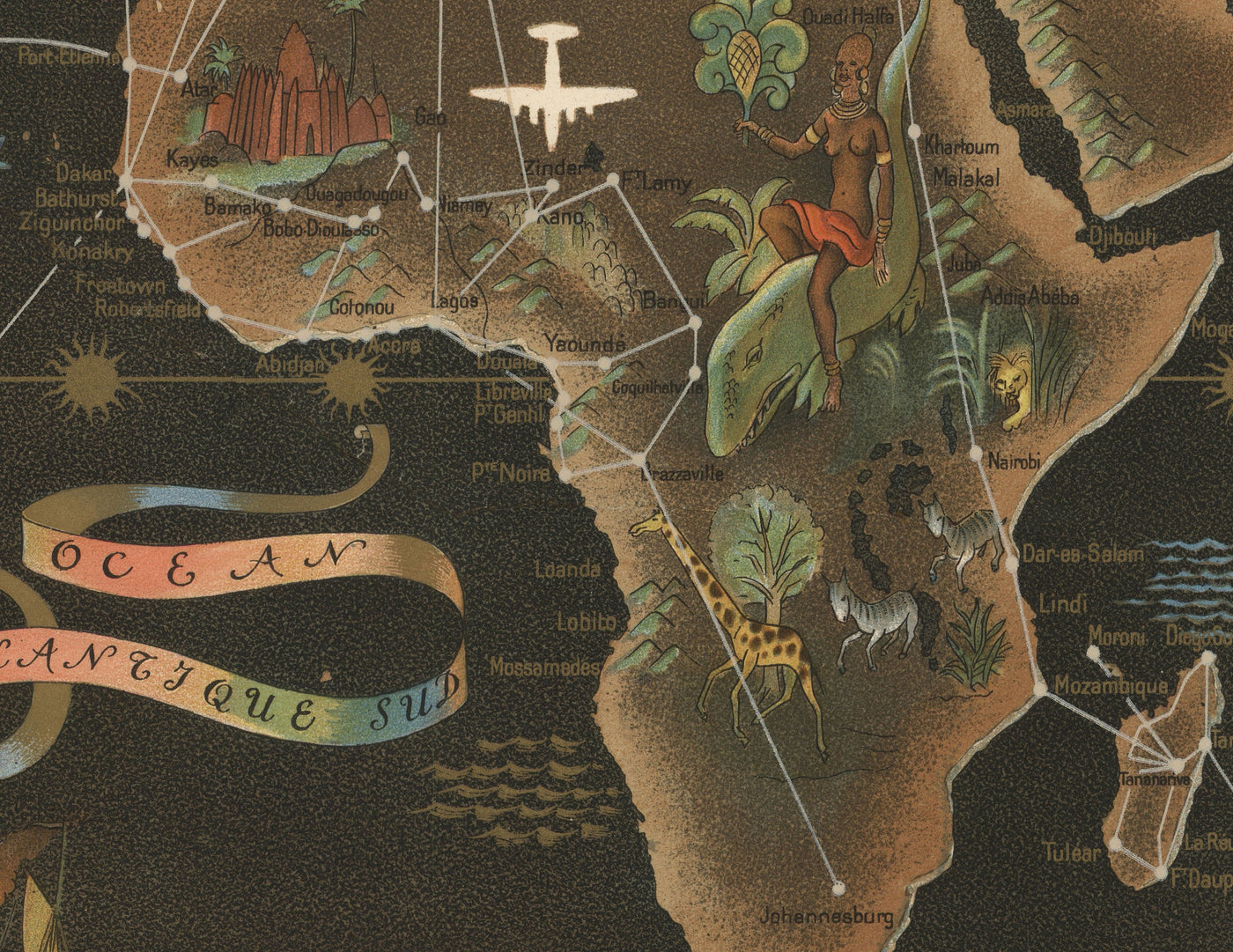 Old Air France World Map, 1947 by Lucien Boucher - Large Aircraft Route Wall Chart - Historical Airline Art