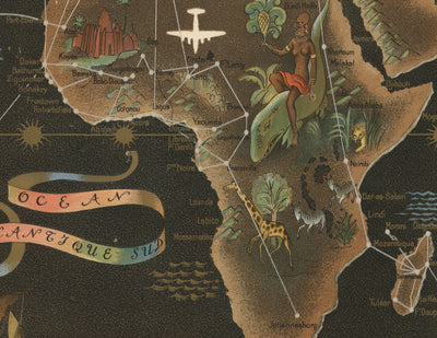 Old Air France World Map, 1947 by Lucien Boucher - Large Aircraft Route Wall Chart - Historical Airline Art