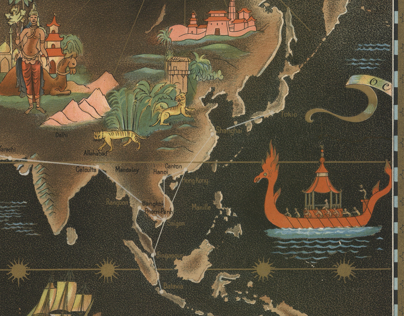 Old Air France World Map, 1947 by Lucien Boucher - Large Aircraft Route Wall Chart - Historical Airline Art
