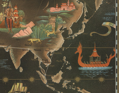 Old Air France World Map, 1947 by Lucien Boucher - Large Aircraft Route Wall Chart - Historical Airline Art