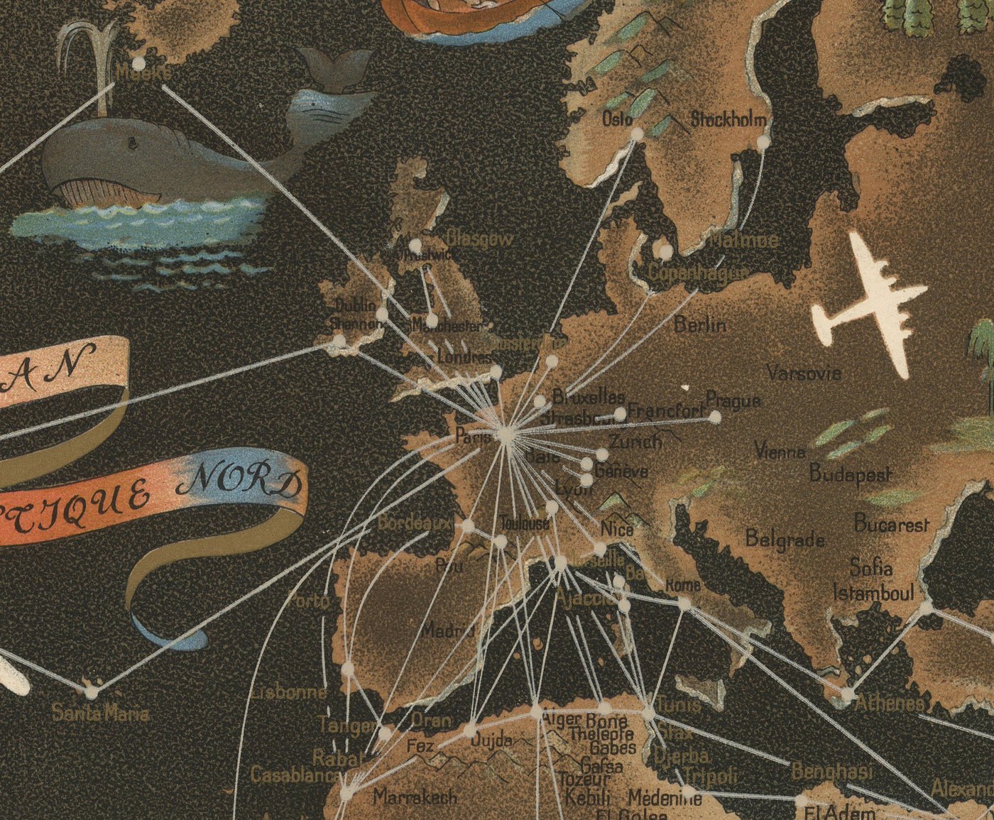 Old Air France World Map, 1947 by Lucien Boucher - Large Aircraft Route Wall Chart - Historical Airline Art