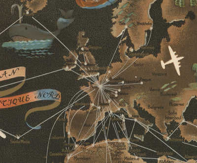 Old Air France World Map, 1947 by Lucien Boucher - Large Aircraft Route Wall Chart - Historical Airline Art