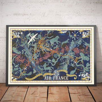 Old Air France Zodiac World Map, 1939 by Lucien Boucher - Historical Aircraft Route Celestial Wall Chart