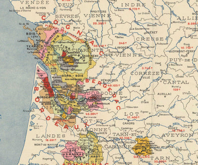 Alte Karte der Weinbaugebiete in Frankreich "La France Vinicole", 1939 - Bordeaux, Bourgogne, Champagne, Côtes Du Rhône, Bergeracois 