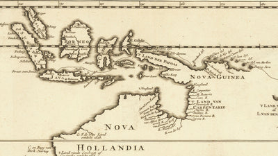 Old Historical Map of New Holland in 1726 by Francois Valentijn - Abel Tasman, Australia, New Zealand, Borneo, New Guinea