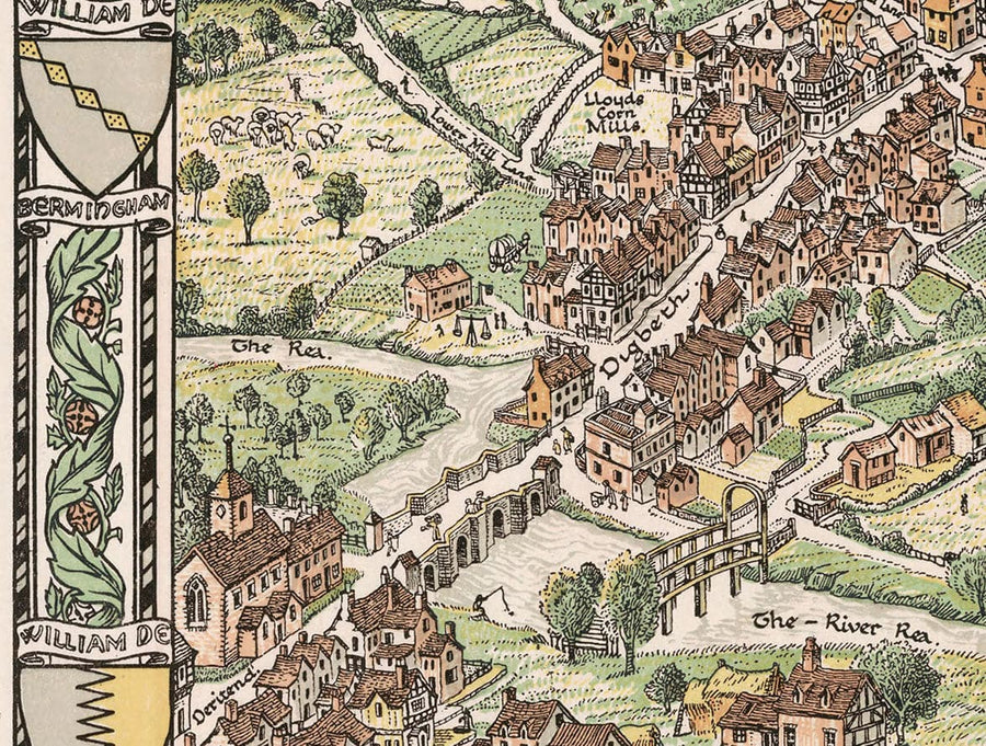 Antica mappa pittorica di Birmingham nel 1730 di Bernard Sleigh 