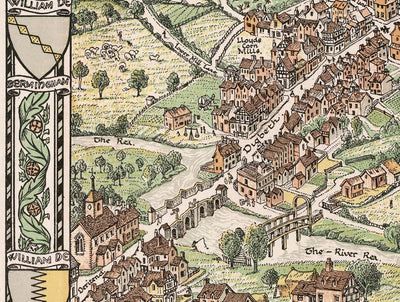 Alter bildlicher Stadtplan von Birmingham im Jahr 1730 von Bernard Sleigh 