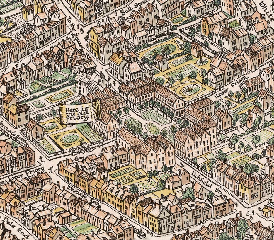Alter bildlicher Stadtplan von Birmingham im Jahr 1730 von Bernard Sleigh 