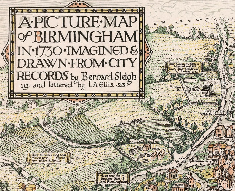 Antica mappa pittorica di Birmingham nel 1730 di Bernard Sleigh 