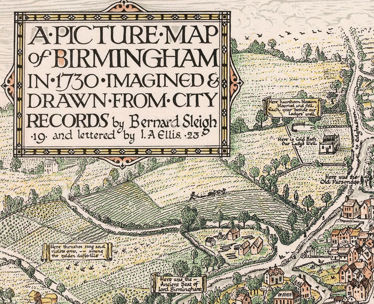 Alter bildlicher Stadtplan von Birmingham im Jahr 1730 von Bernard Sleigh 
