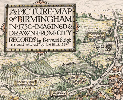 Alter bildlicher Stadtplan von Birmingham im Jahr 1730 von Bernard Sleigh 