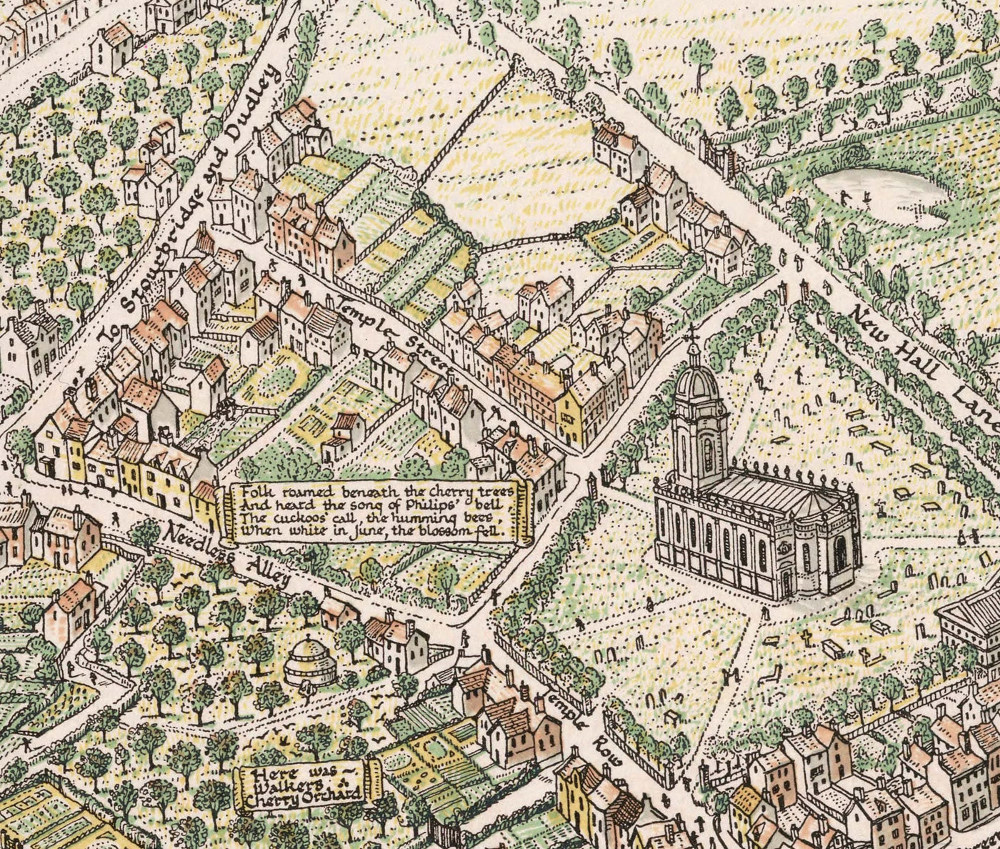 Alter bildlicher Stadtplan von Birmingham im Jahr 1730 von Bernard Sleigh 