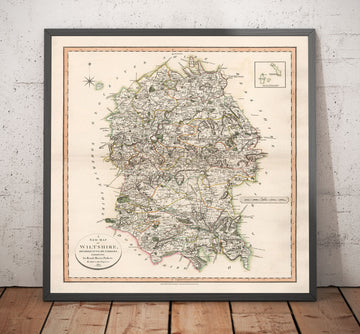 Ancienne carte du Wiltshire en 1801 par John Cary - Swindon, Salisbury, Marlborough, Stonehenge, Trowbridge