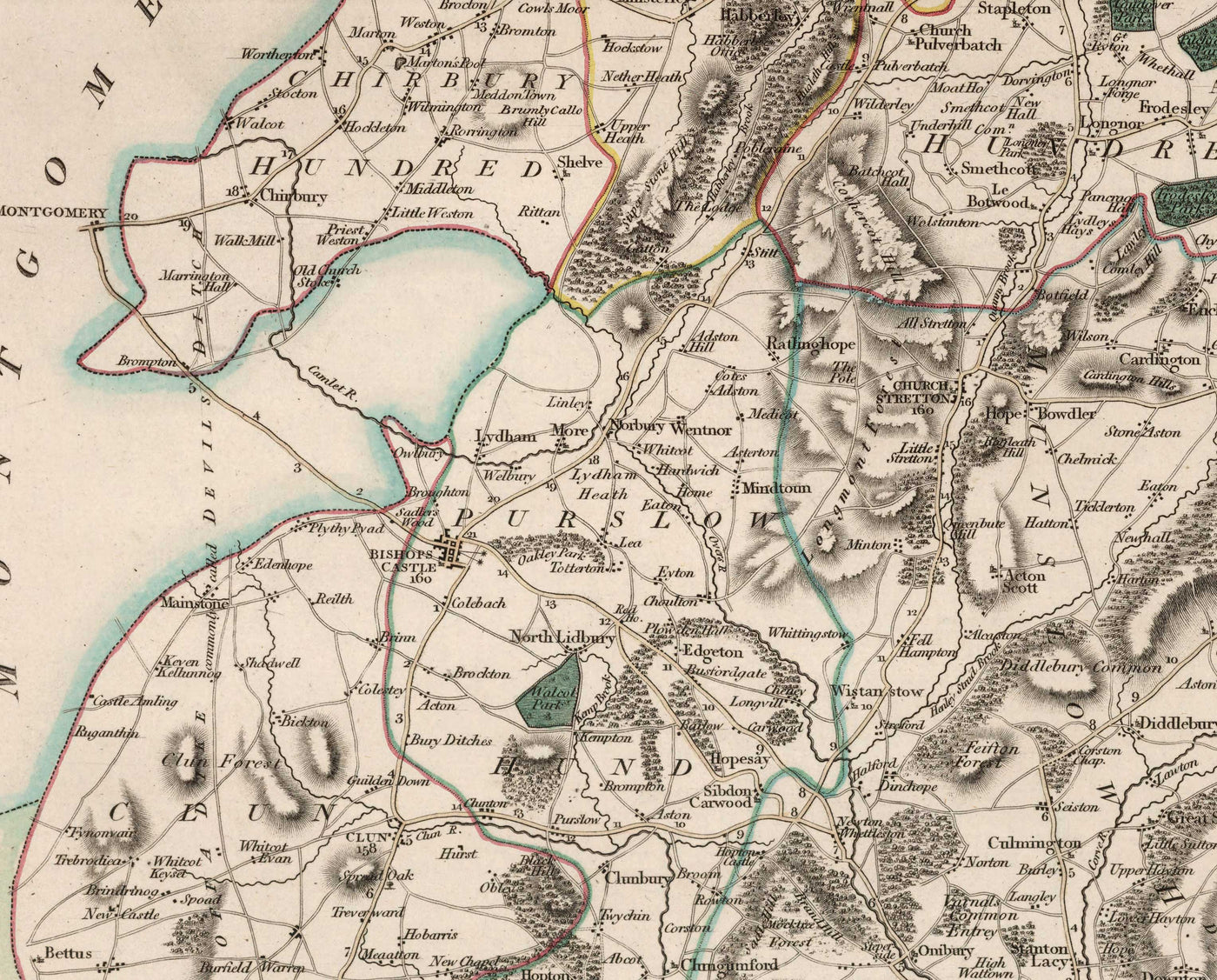 Alte Karte von Shropshire im Jahr 1805 von John Cary - Shrewsbury, Bridgnorth, Ludlow, Ironbridge, Oswestry 