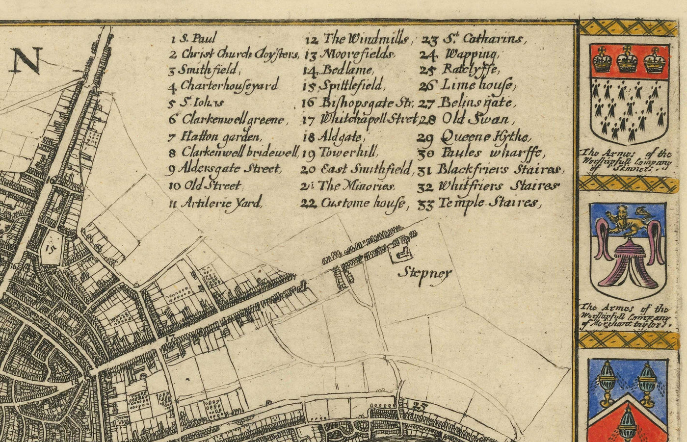 Alte Karte vor dem großen Brand von London, 1667 von Blome - Westminster Abbey, Scotland Yard, Charring Cross, London Bridge 