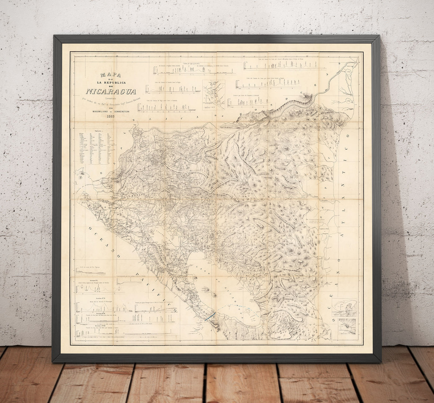 Old Map of Nicaragua in 1863 by Sonnestern - Managua, Leon, Chinandega, Esteli, Lake Nicaragua