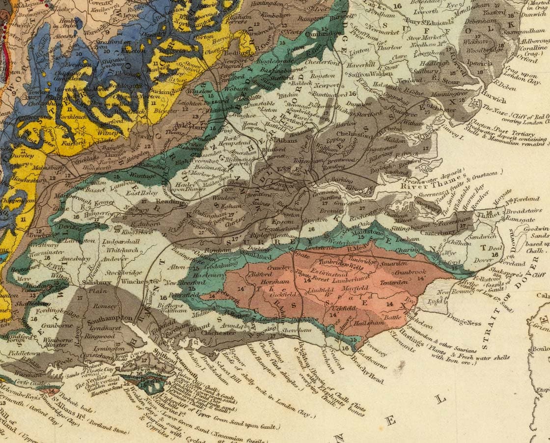 Máscara / Polaina para el cuello de Inglaterra - con un mapa geológico antiguo de Inglaterra y Gales por Roderick Impey Murchison, 1843
