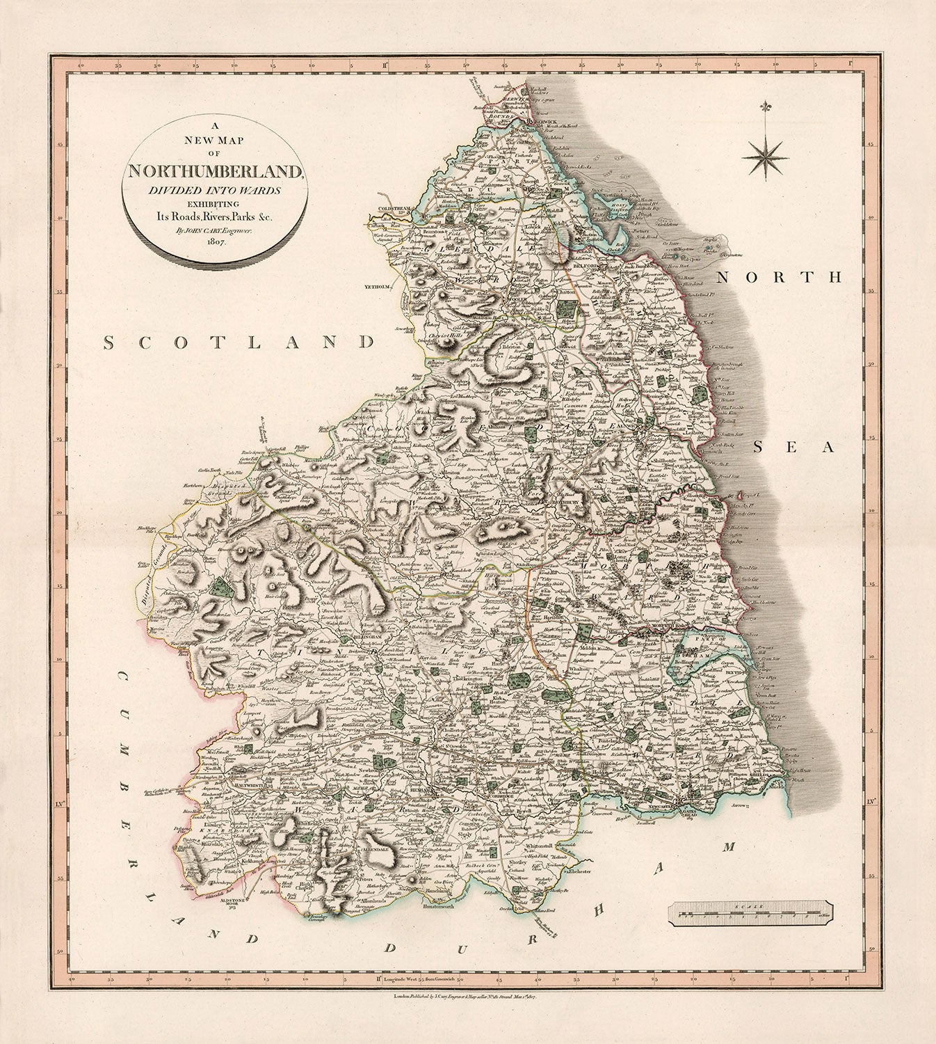 Old Map of Northumberland in 1801 by John Cary - Newcastle, Belford, Hexham, Haltwhistle, Durham