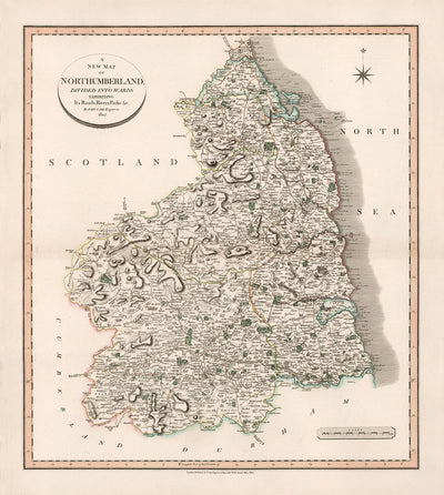 Old Map of Northumberland in 1801 by John Cary - Newcastle, Belford, Hexham, Haltwhistle, Durham