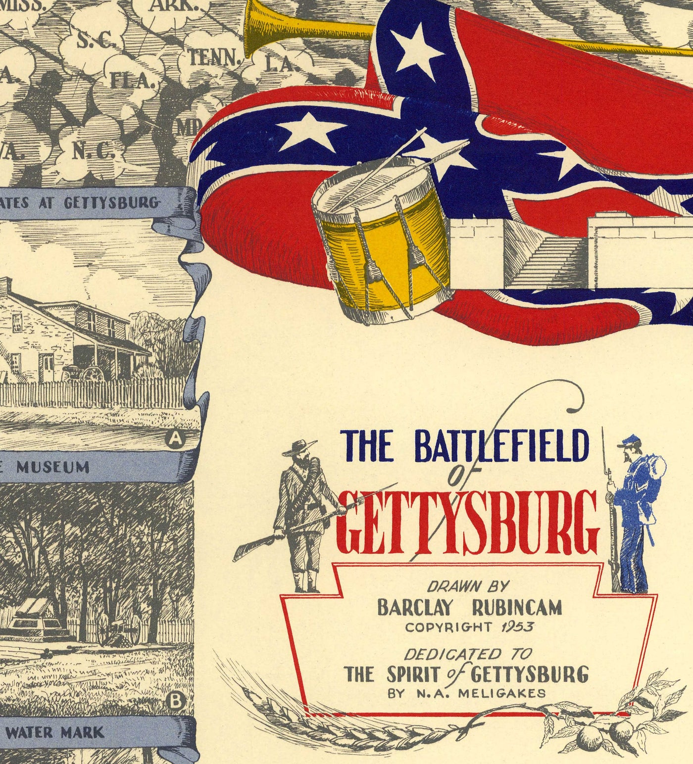 Old Map of the Battle of Gettysburg, 1863 by Barclay Rubincam - Civil War - Confederacy vs. Union Memorial Chart
