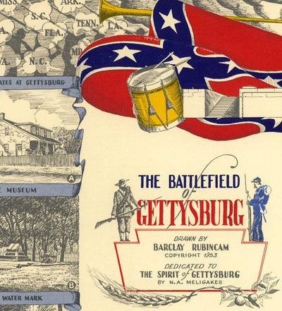 Old Map of the Battle of Gettysburg, 1863 by Barclay Rubincam - Civil War - Confederacy vs. Union Memorial Chart