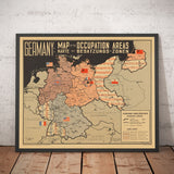 Old Post World War 2 Germany Map - East & West Germany Potsdam Conference Occupation Chart