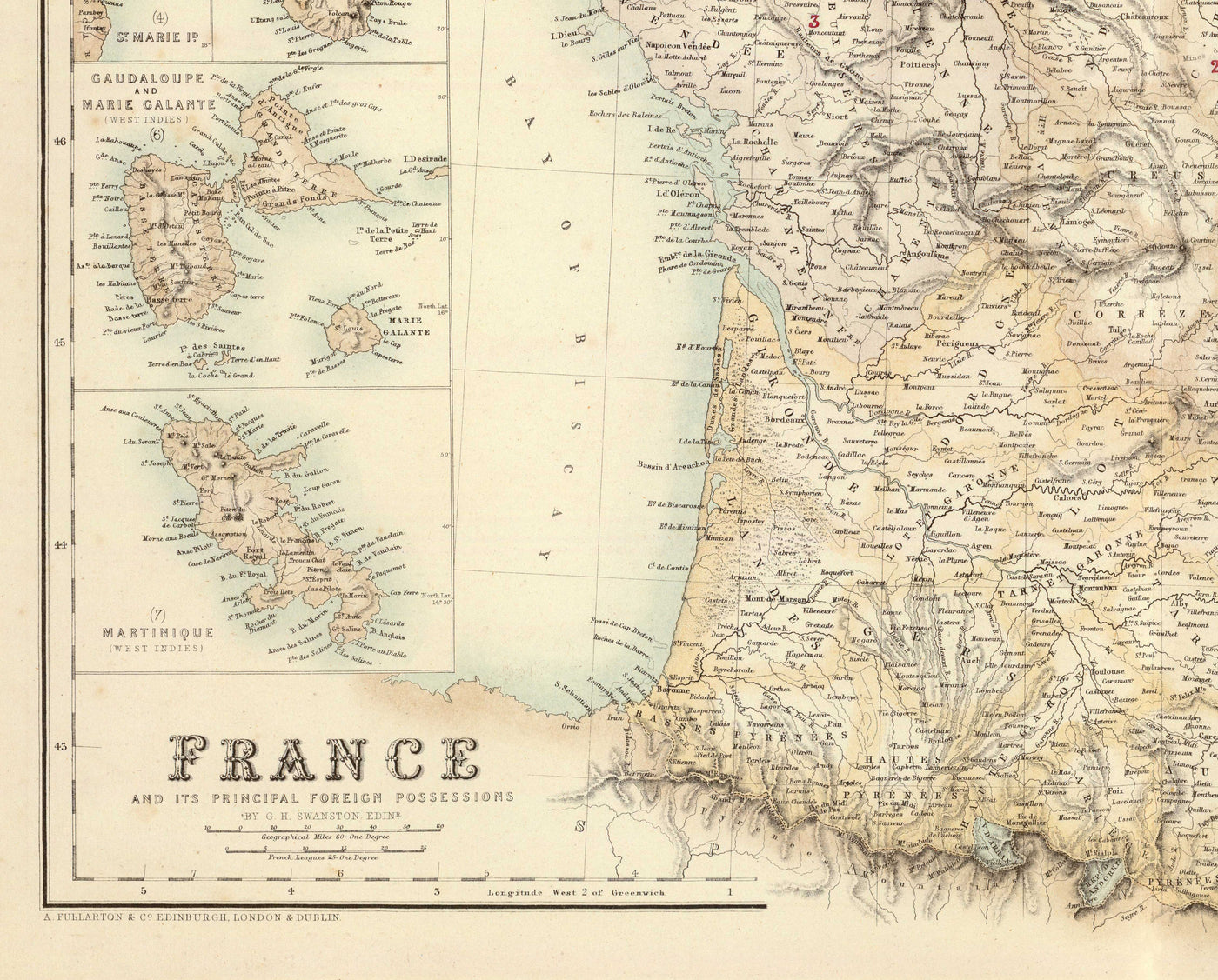 Old Map of France and its Foreign Possessions, 1872 by Archibald Fullarton - Algeria, French Guiana, Corsica, The Alps, Martinique