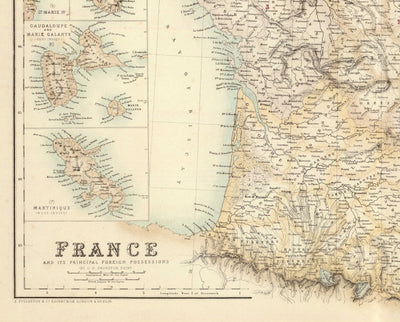Old Map of France and its Foreign Possessions, 1872 by Archibald Fullarton - Algeria, French Guiana, Corsica, The Alps, Martinique