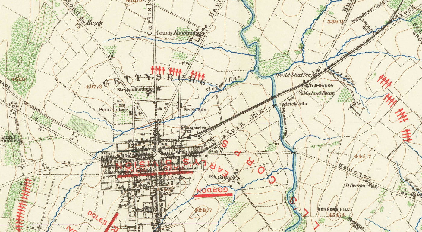 Old Map of the Battle of Gettysburg in 1900 by Julius Bien - North vs. South, Confederacy vs. Union Civil War Chart