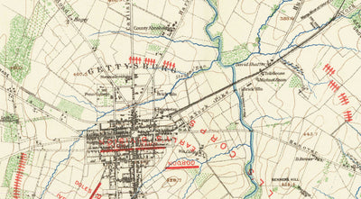Old Map of the Battle of Gettysburg in 1900 by Julius Bien - North vs. South, Confederacy vs. Union Civil War Chart