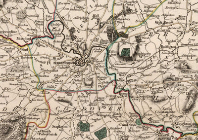 Alte Karte von Shropshire im Jahr 1805 von John Cary - Shrewsbury, Bridgnorth, Ludlow, Ironbridge, Oswestry 