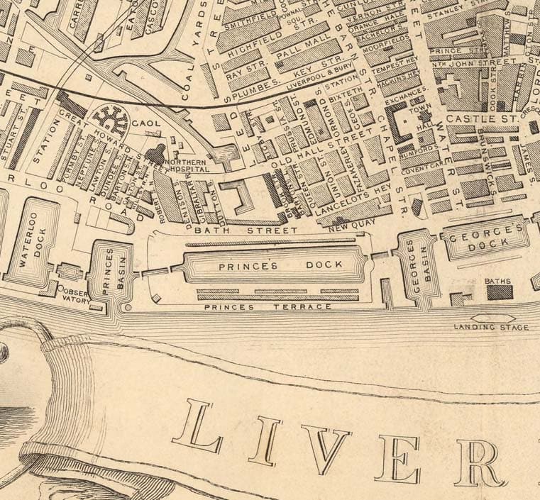 Old Monochrome Map of Liverpool by John Rapkin, 1851