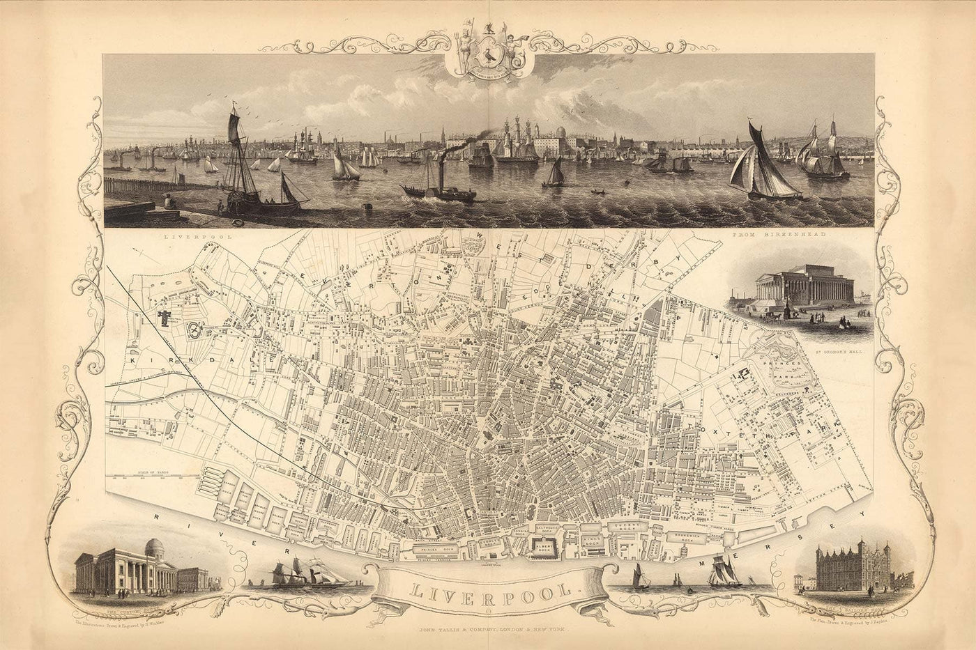 Old Monochrome Map of Liverpool by John Rapkin, 1851