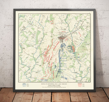 Mappa antica della battaglia di Gettysburg nel 1900 di Julius Bien - Nord contro Sud, Confederazione contro Unione, grafico della guerra civile 