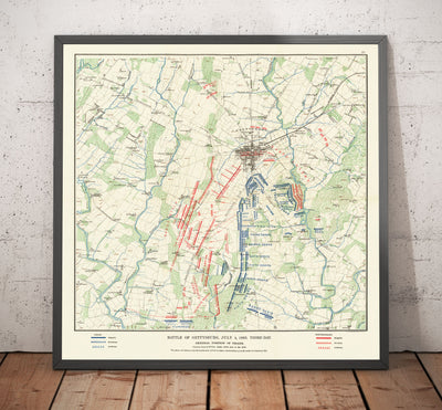 Old Map of the Battle of Gettysburg in 1900 by Julius Bien - North vs. South, Confederacy vs. Union Civil War Chart