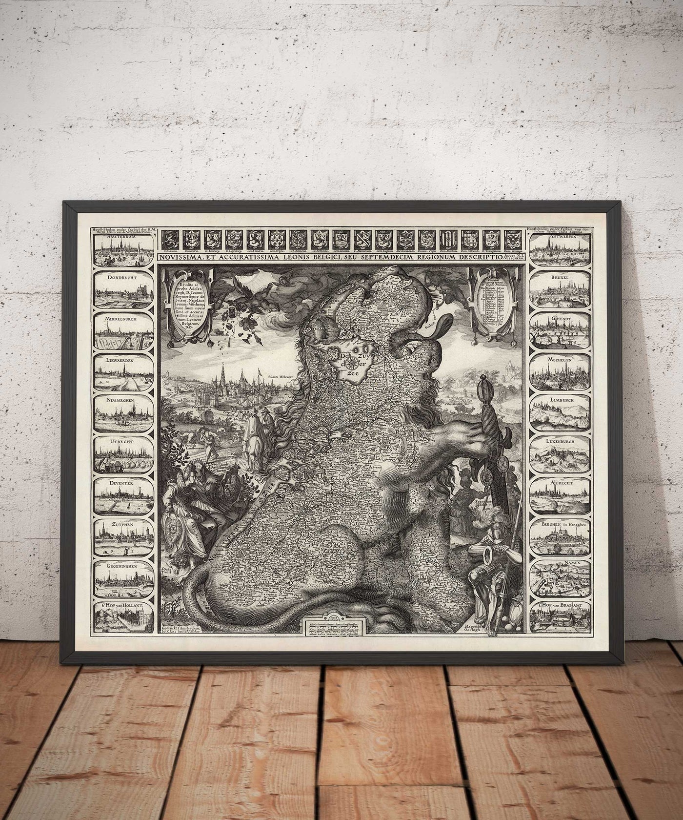 Antiguo mapa Leo Belgicus de los Países Bajos en 1611 por C. Janszoon Visscher - Países Bajos, Bélgica, Bruselas, Amsterdam, Genk
