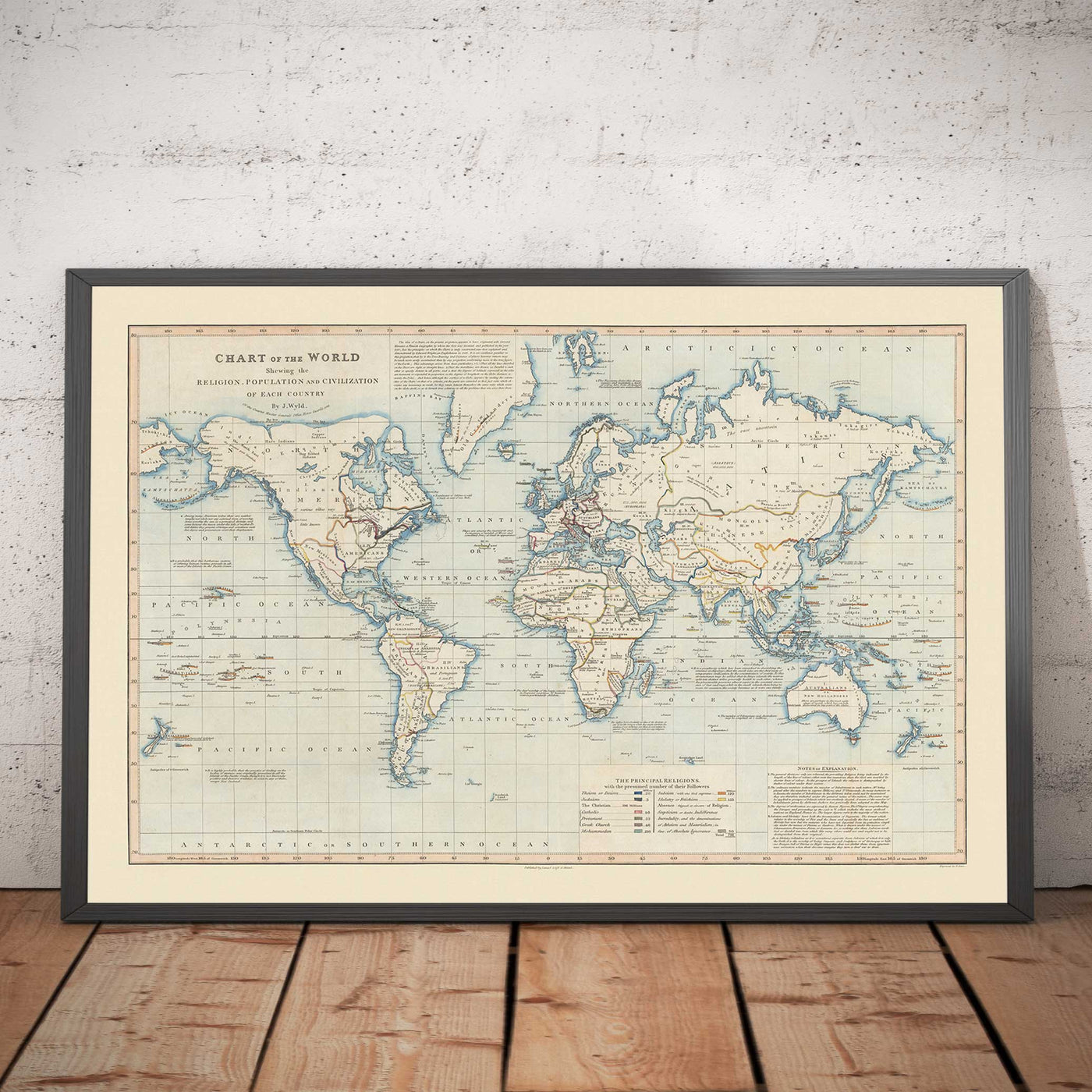 Antiguo mapa del mundo, 1818 por James Wyld - Gráfico que muestra la religión, la población y la civilización de cada país