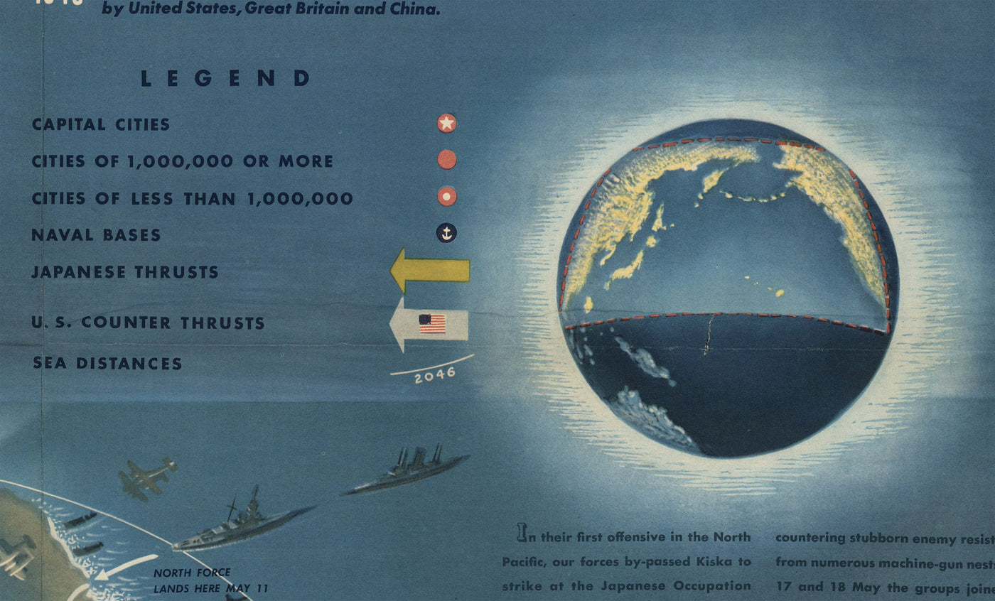 NavWarMap No. 4 - Old World War 2 Map, 1944 - Pacific Battles, Pearl Harbour, US vs. Japan - US Navy Educational & Propaganda Map