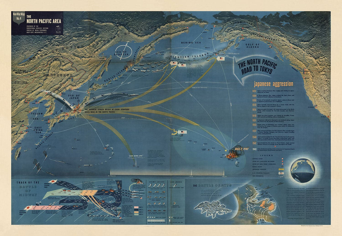NavWarMap No. 4 - Old World War 2 Map, 1944 - Pacific Battles, Pearl Harbour, US vs. Japan - US Navy Educational & Propaganda Map