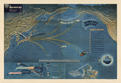 NavWarMap No. 4 - Old World War 2 Map, 1944 - Pacific Battles, Pearl Harbour, US vs. Japan - US Navy Educational & Propaganda Map