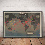 NAVWARMAP N ° 6 - Old World War 2 map, 1944 - Carte éducative et propagande de la marine américaine - Maritime Allies vs. Tableau mural nazi