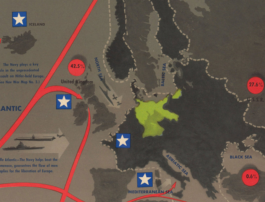 NavWarMap No. 6 - Old World War 2 Map, 1944 - US Navy Educational & Propaganda Map - Maritime Allies vs. Nazi Wall Chart