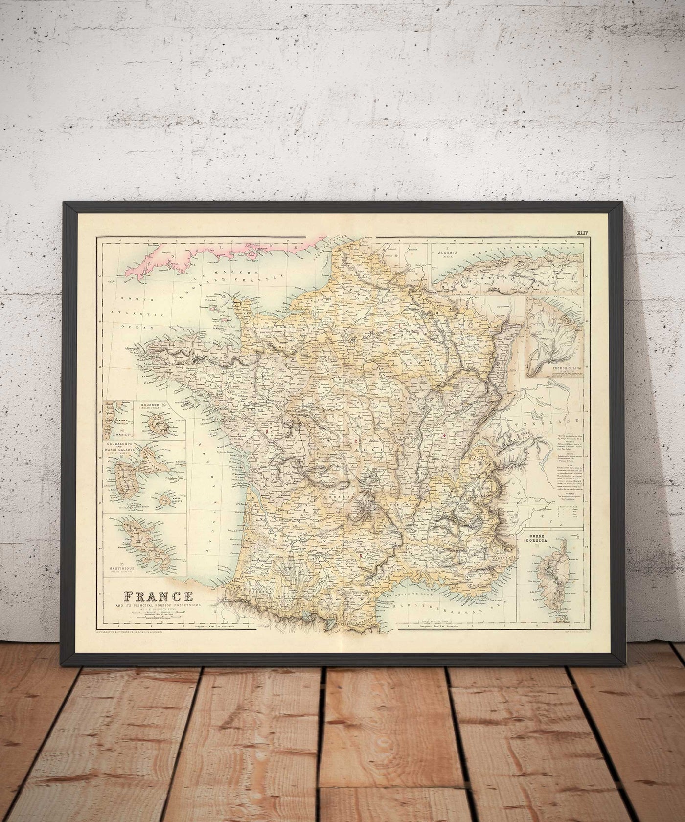Old Map of France and its Foreign Possessions, 1872 by Archibald Fullarton - Algeria, French Guiana, Corsica, The Alps, Martinique