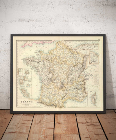 Old Map of France and its Foreign Possessions, 1872 by Archibald Fullarton - Algeria, French Guiana, Corsica, The Alps, Martinique
