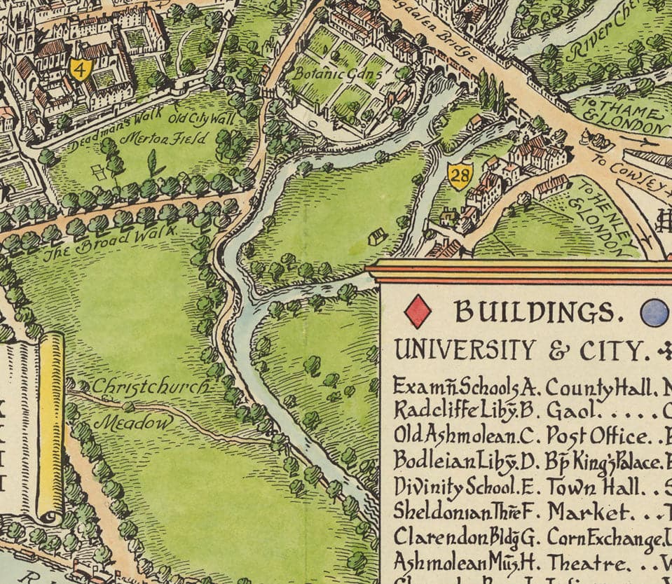 Carte illustrée du vieil Oxford par Spencer Hoffman, 1929 - Universités et collèges