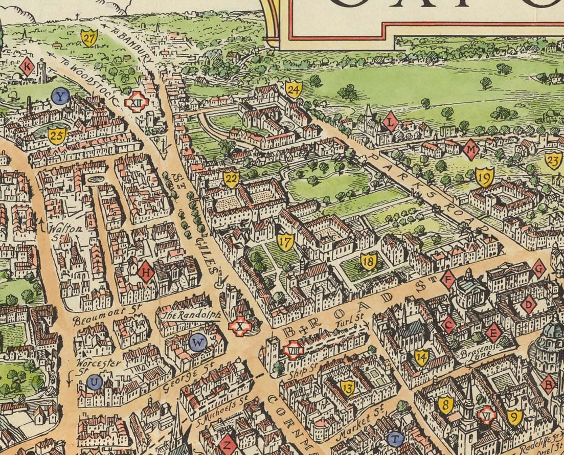 Carte illustrée du vieil Oxford par Spencer Hoffman, 1929 - Universités et collèges