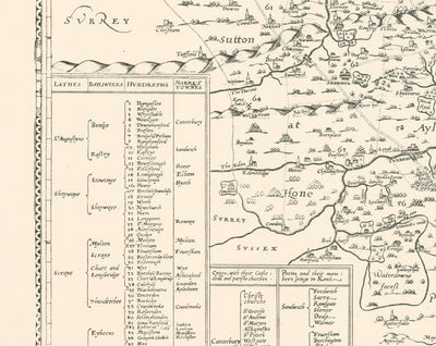 Old map of Kent in 1596 by Philip Symonson - Dartford, Maidstone, Bromley, Tunbridge, Gillingham, Chatham