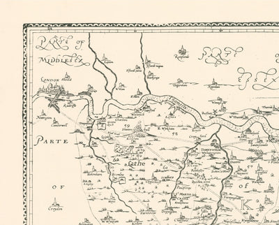 Old map of Kent in 1596 by Philip Symonson - Dartford, Maidstone, Bromley, Tunbridge, Gillingham, Chatham