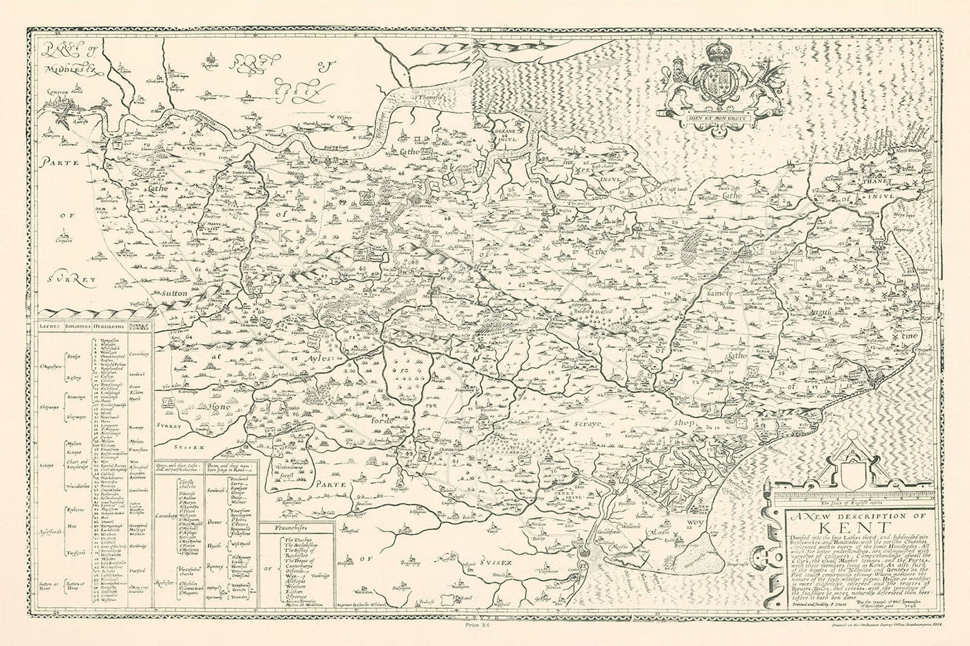 Old map of Kent in 1596 by Philip Symonson - Dartford, Maidstone, Bromley, Tunbridge, Gillingham, Chatham