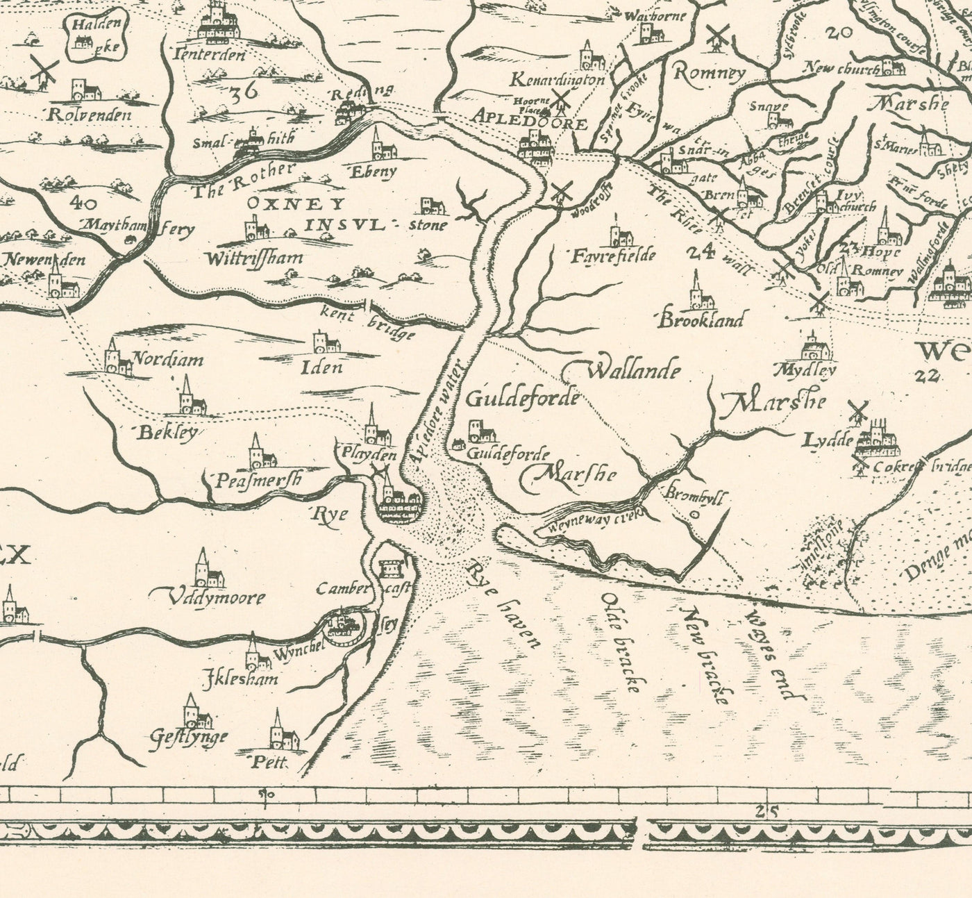 Old map of Kent in 1596 by Philip Symonson - Dartford, Maidstone, Bromley, Tunbridge, Gillingham, Chatham
